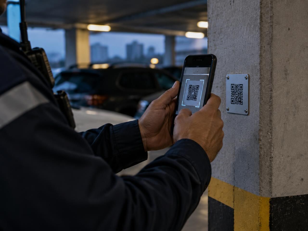 Profissional em campo lendo o QR Code de um checkpoint com o celular
